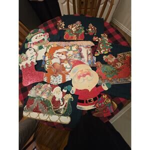 11 Vintage Die Cut Christmas Decorations W Bristle Santa Reindee Snowman 1970s